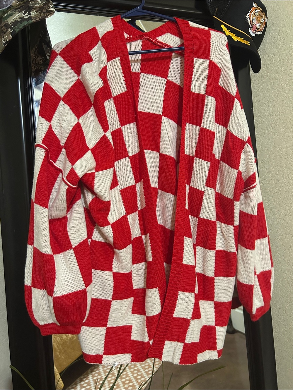 Red checkered cardigan